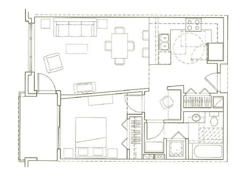 Floor plan for 1 bed, 1 bath, 728 sqft